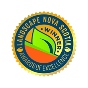 A circular gold seal with "Landscape Nova Scotia Awards of Excellence Winner" text, featuring a stylized leaf design in the center.