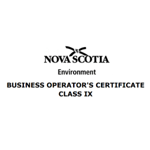 Text image of a Nova Scotia Business Operator's Certificate, Class IX, issued by the Environment department. No landmarks or historical buildings visible.