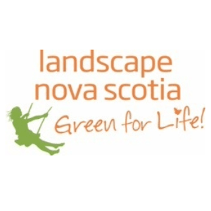 Logo featuring a person on a swing silhouette. Text reads "landscape nova scotia Green for Life!" in orange and green. No landmarks or historical buildings visible.