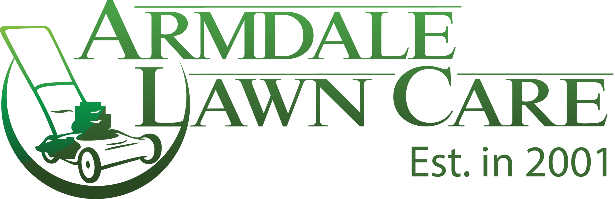 Green logo for Armdale Lawn Care, featuring a lawn mower graphic and text, "Est. in 2001," indicating establishment year.