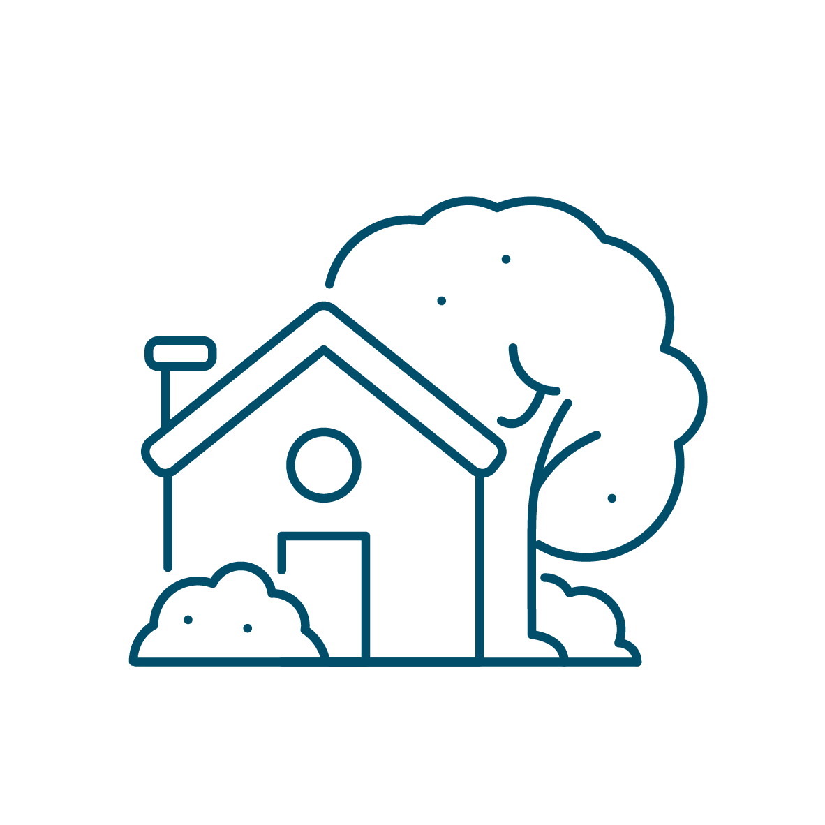 A simple line drawing of a house with a chimney, surrounded by bushes and a large tree, symbolizing tranquility and nature.