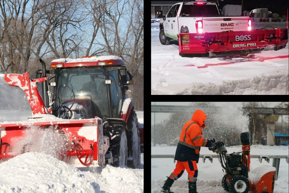 A snow removal operation features a tractor, a truck with snow plow, and a person using a snowblower in a winter landscape.