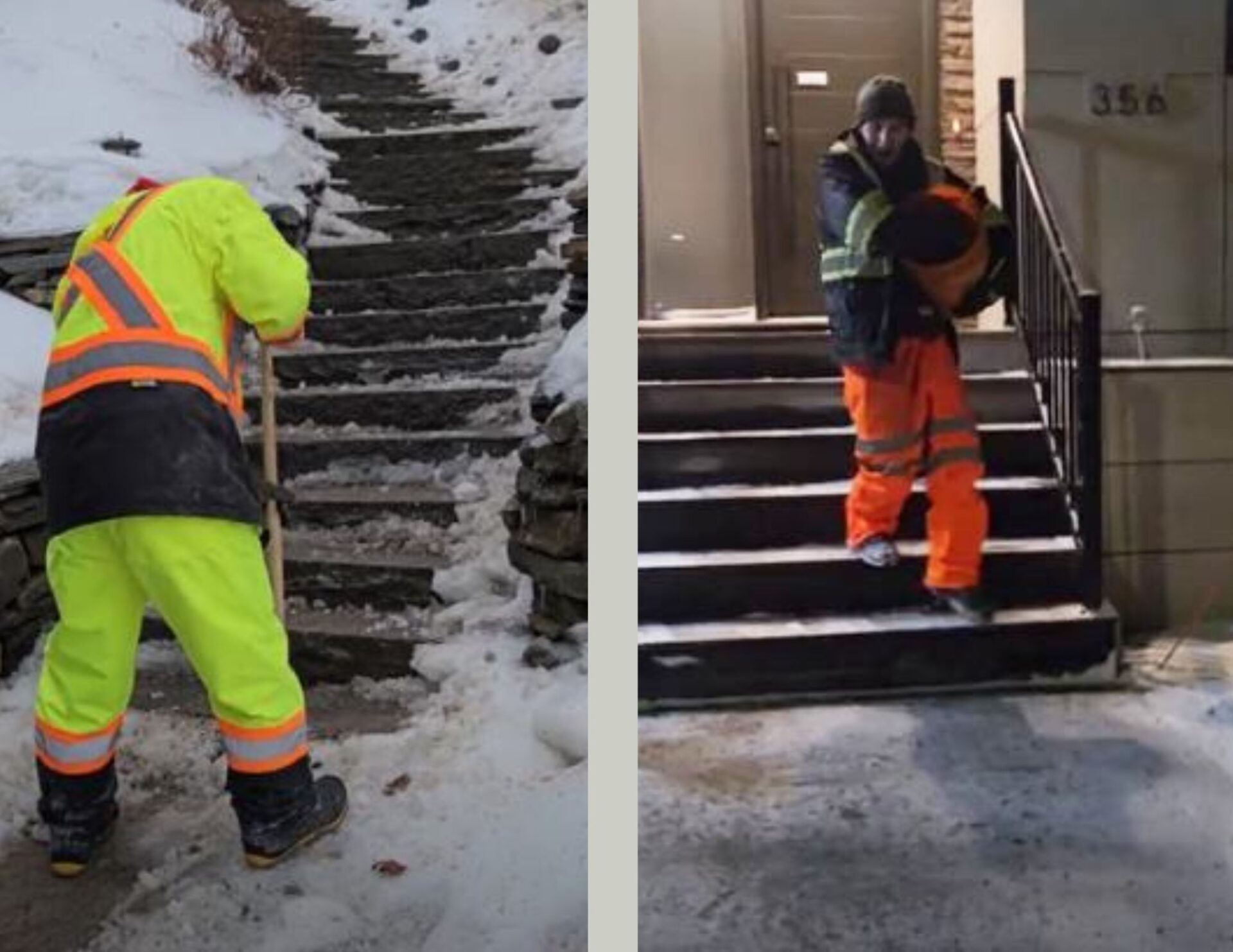 Two persons in high-visibility gear, working on snowy steps, one shoveling and another carrying an orange bucket, near a building entrance.