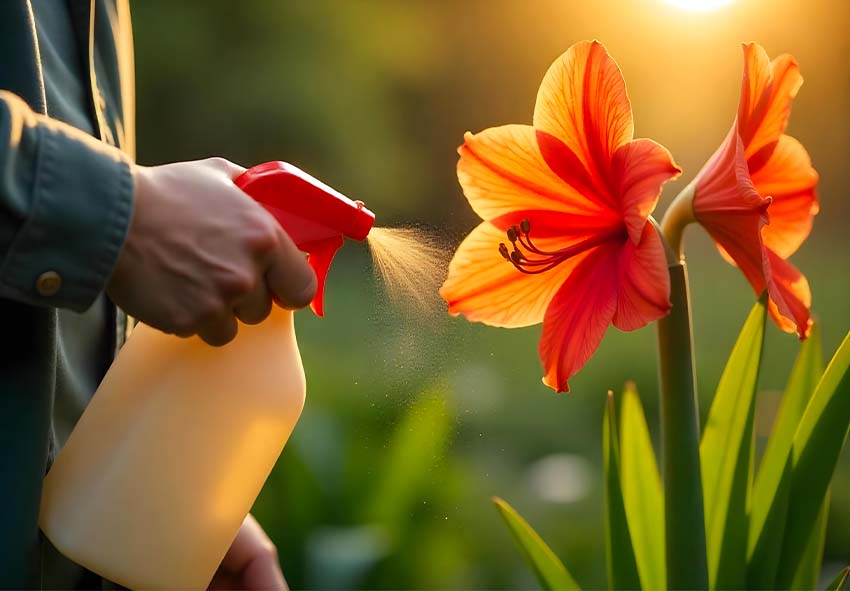 A person sprays water onto vibrant red flowers in soft sunlight, capturing an intimate gardening moment with nature’s beauty highlighted.